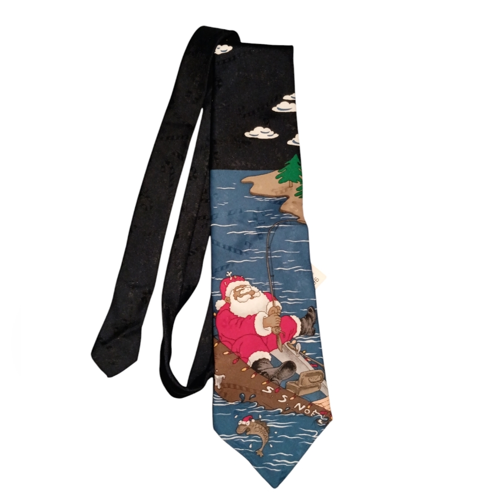 Hallmark Lic. Inc. Specialties Men necktie Fishing Santa on boat Blue background